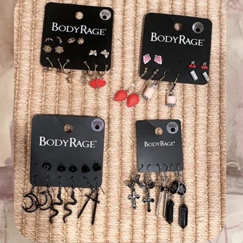 NWT set of 4 Body Rage black witchy cat kawaii fruit mix match earring bundle